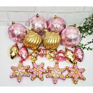 Pink Gold Round Snowflakes Bells Ornaments 18 Pc Christmas Shabby Chic NEW